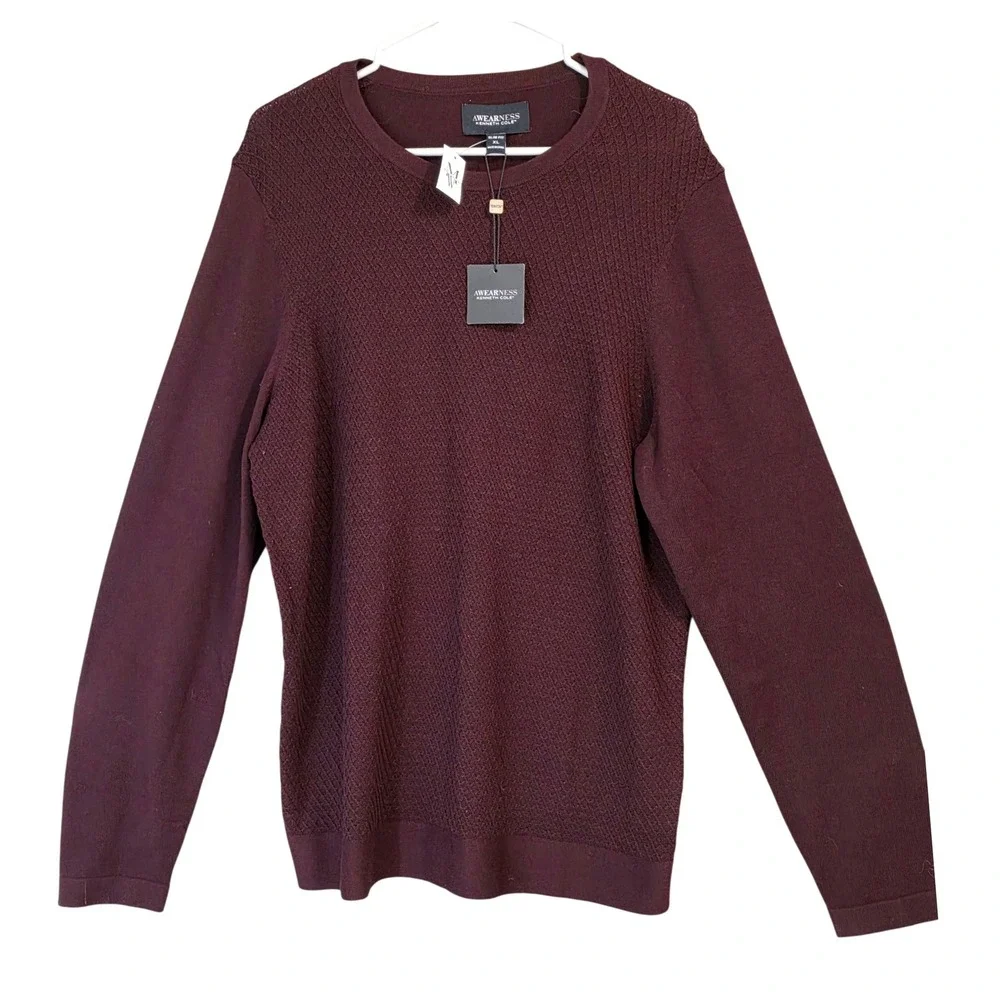 Awearness‎ Kenneth Cole Sweater Mens XL Burgundy NEW Slim Fit Textured Crewneck